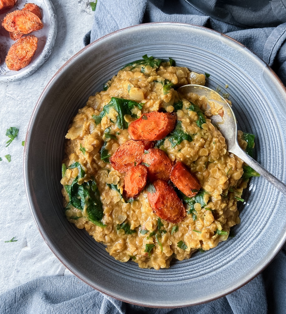 Amazing Coconut Red lentils dahl and roasted masala carrots