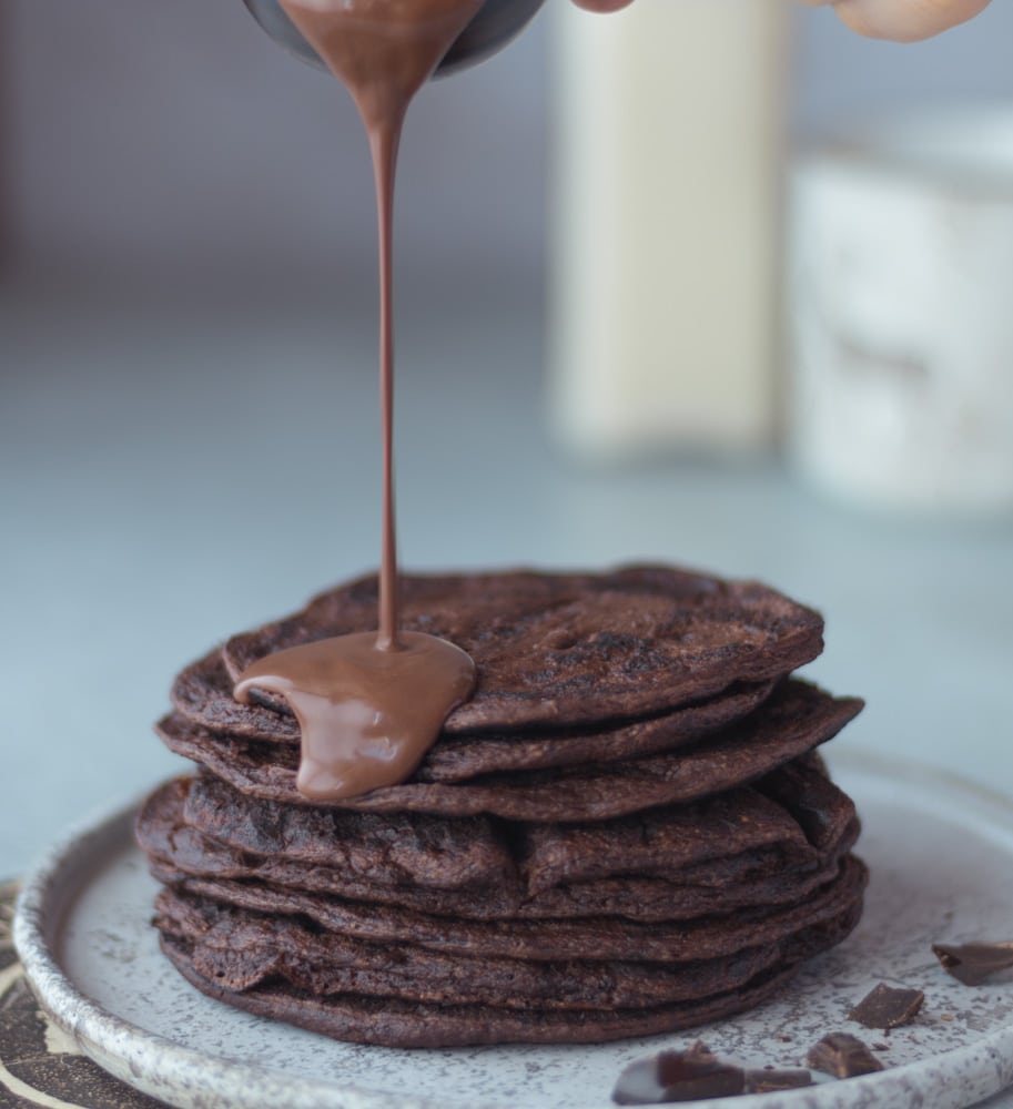 Easy rich chocolate vegan protein pancakes