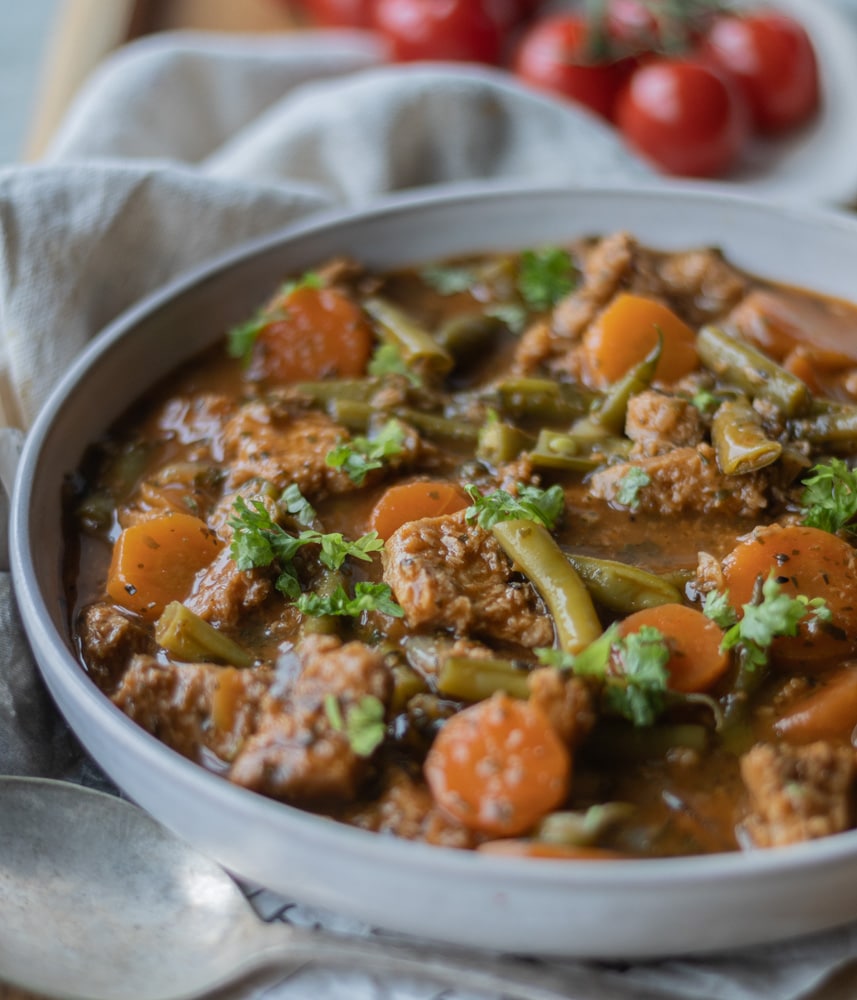 Vegetable goulash with soy cutlets- basic but full of flavor dish!