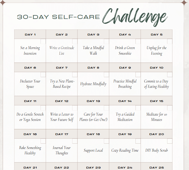 Calendar graphic showing a 30-day self-care challenge for personal growth.