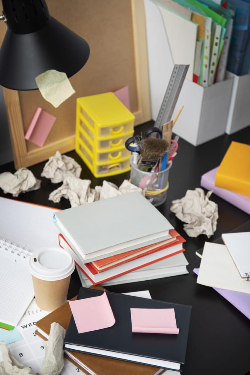 Comparison of a chaotic desk vs. a calm desk for a balanced approach to New Year goals